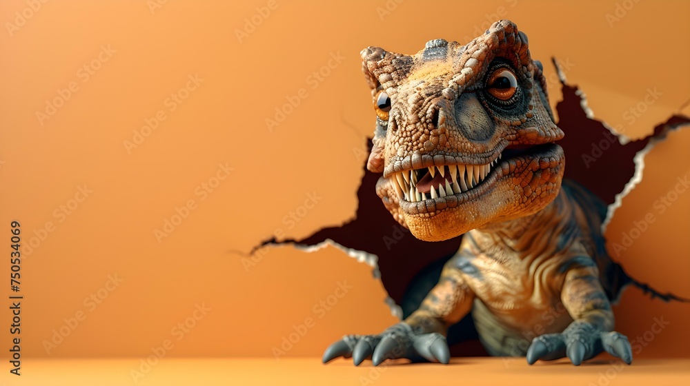 Fototapeta premium Adorable TRex emerges from torn wall copy space mockup playful dinosaur. Concept Marketing, Mockup, Dinosaur, Playful, Creative