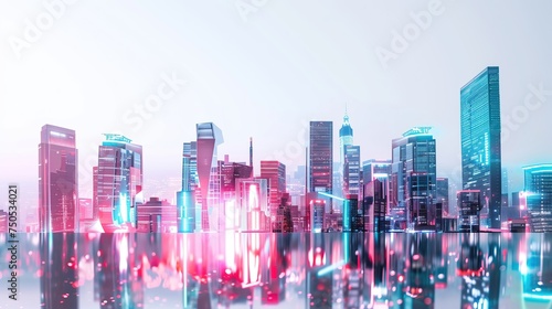 The city awakens to the digital age, its skyline a canvas of neon and LED, reflected in the tranquil waters of dawn photo