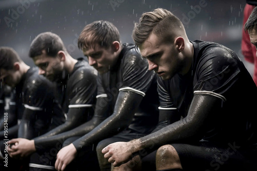 Dejected and down mens soccer football sports players looking sad and unhappy after losing a game or penalty shoot out in the match stadium depressed knocked out of the league cup tournament black kit