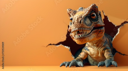 Fototapeta Naklejka Na Ścianę i Meble -  Adorable TRex emerges from torn wall copy space mockup playful dinosaur. Concept Marketing, Mockup, Dinosaur, Playful, Creative