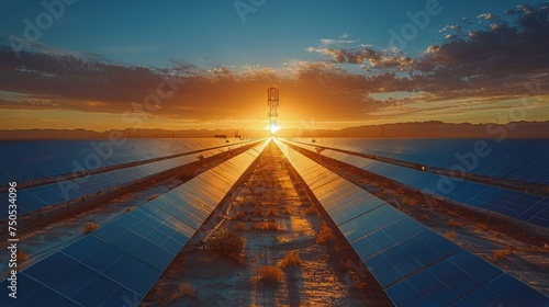 Sun Setting Behind Solar Farm