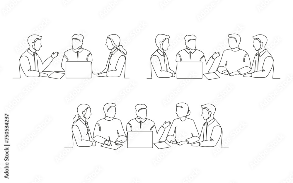 Business meeting of group office people, work on laptop set, continuous one line drawing. Teamwork, learning or business talking, partnership in work. Simple single minimalism outline style. Vector Business meeting of group office people, work on laptop set, continuous one line drawing. Teamwork, learning or business talking, partnership in work. Simple single minimalism outline style. Vector