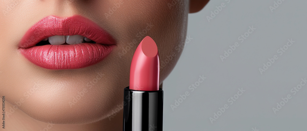 Obraz premium Makeup, beauty and portrait of woman with lipstick in studio, Concept for wellness, skincare product and cosmetics. Salon,