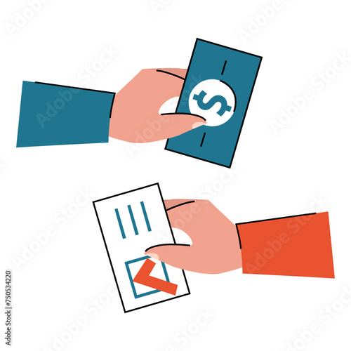 Electoral fraud vector isolated. Changing ballots, vote rigging and corruption. Fraud in politics. Hands exchange vote for cash.