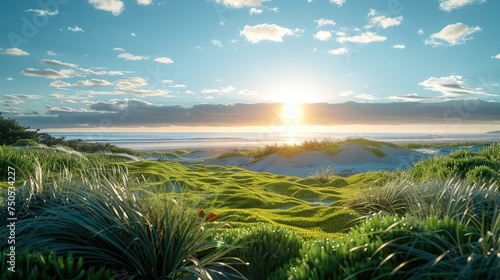 Morning sun on green grassy yard area in front of small dunes with little sea grass. Generative AI.