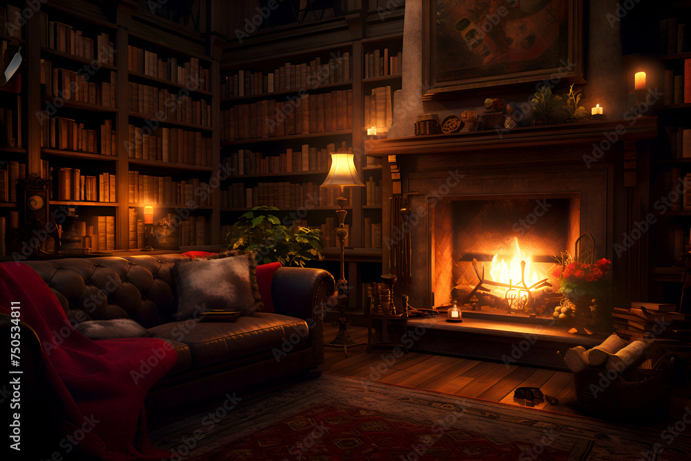 Cozy living room with fireplace. armchair and bookshelf