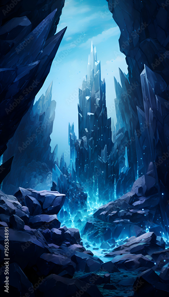 Futuristic landscape with ice cave. 3D illustration. Fantasy background. Futuristic landscape with ice cave. 3D illustration. Fantasy background.