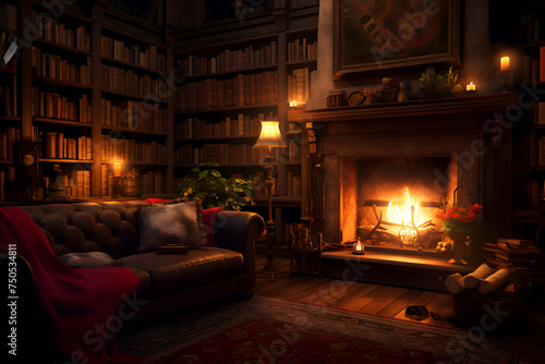 Cozy living room with fireplace. armchair and bookshelf