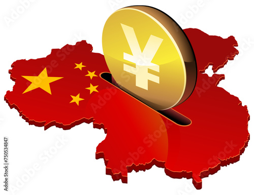 3D map of China in the colors of the red flag of the Chinese Communist Party in which a coin with the symbol of the Yuan is inserted  (cut out)