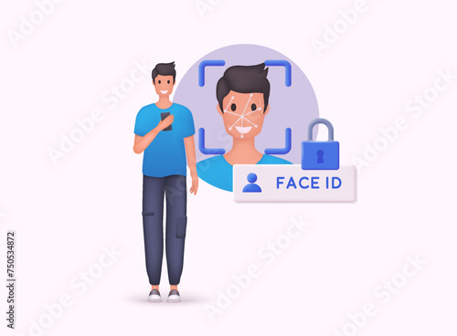 Face recognition concept design. 3D Web Vector Illustrations.