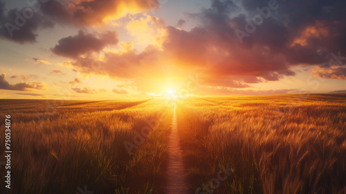 A dirt path in a wheat field with the sun setting 