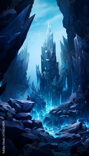 Futuristic landscape with ice cave. 3D illustration. Fantasy background.