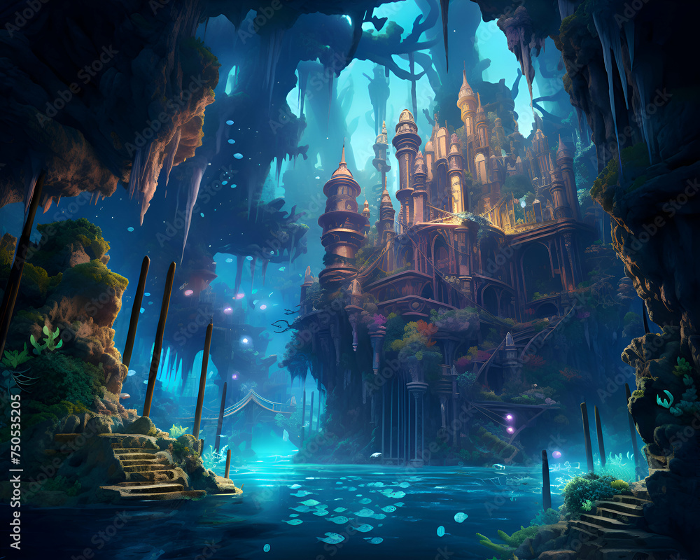 Fantasy landscape with temple in the forest. 3D illustration.