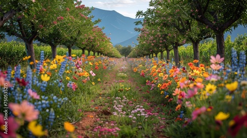 Field of Flowers and Trees With Mountains in Background
