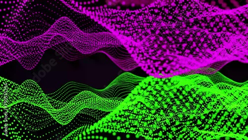 Flowing dots particles wave pattern multi color light isolated on black background. Moving surface of green dots, lines, plexuses. Abstract 4k animotion textured background. photo