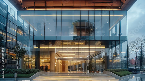 Entrance of three-story commercial building, building located at road intersection, The the building consists of several separate glass boxes. Generative AI.