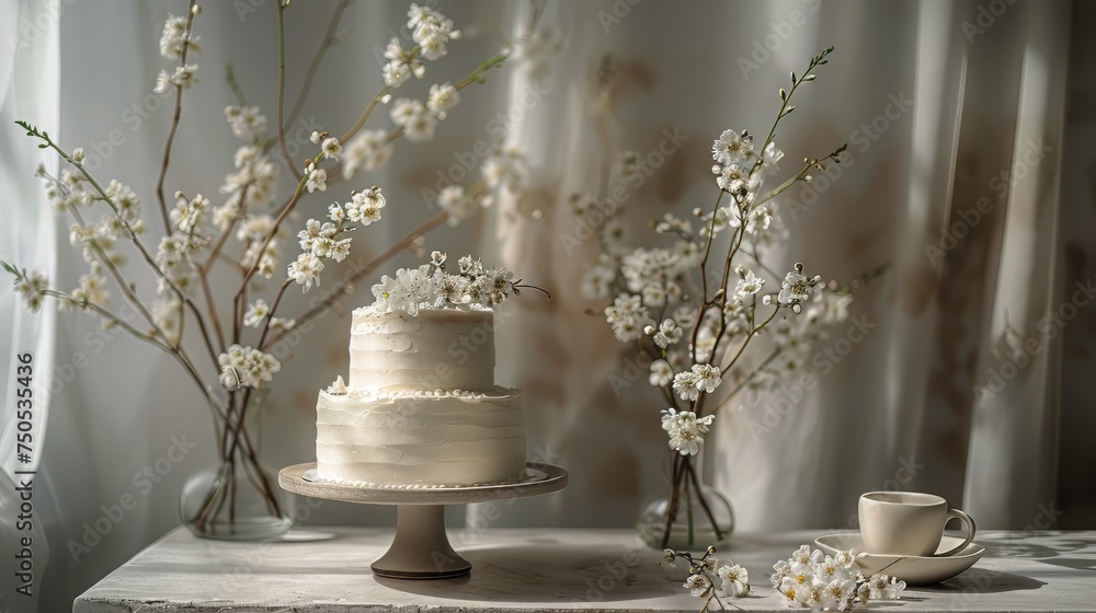 White Cake and Cup on Table White Cake and Cup on Table