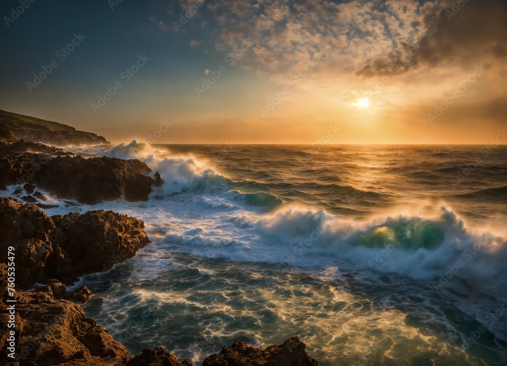 Rocky coastline with huge waves crashing onto the shore with a beautiful sunset
