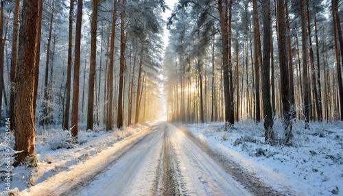 magnificent frosty december morning a sunlight punching a gaze lights the forest road among black trunks of pines