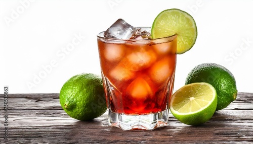 glass of dark n stormy cocktail with ice and lime isolated on white background