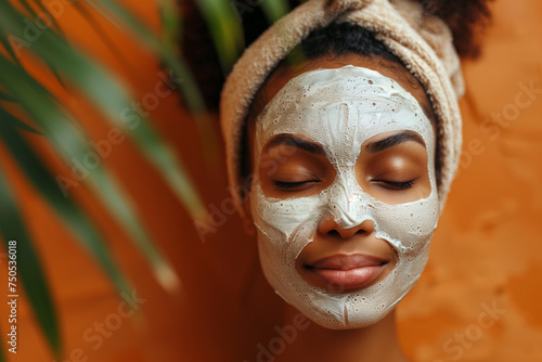Woman applying facial clay mask. Girl face with cosmetic peel off mask. Natural skin care and cleansing concept. Beauty and spa treatment