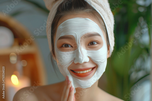 Woman applying facial clay mask. Smiling asian girl in towel with cosmetic peel off mask on her face. Beauty and spa treatment. Natural skin care and cleansing concept photo