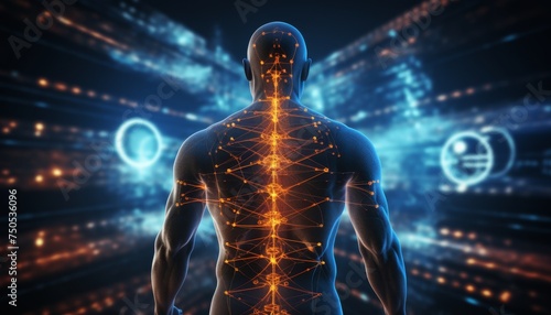 Man with glowing spine pain and spinal issues visualization on blurred background
