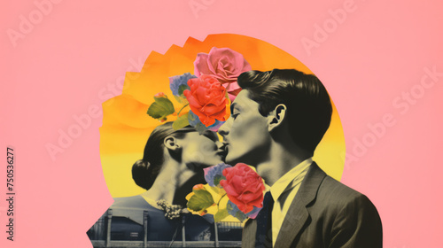 Romantic Couple with Floral Overlay in Vintage Collage