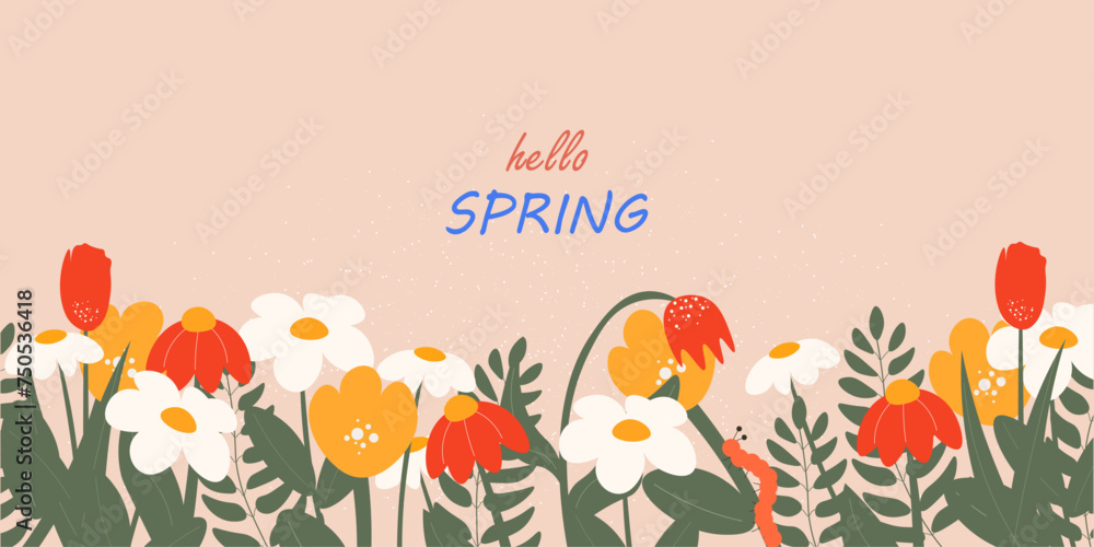 Hello spring, spring flowers, banner, poster, card Hello spring, spring flowers, banner, poster, card
