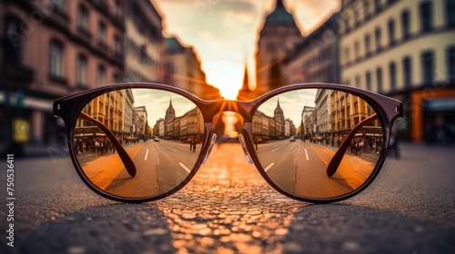 Sunglasses with mirrored lenses on a city street © Media Srock