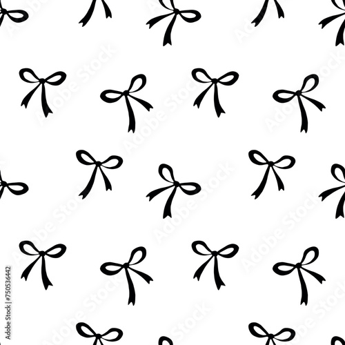 Seamless pattern with small black flat bows, ribbons. Cute fun simple abstract vector background, texture for fabric, wrapping paper, girls design