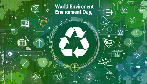 An infographic-style illustration presents various stages of the recycling process using colorful icons and arrows. Environmental education and sustainability concept