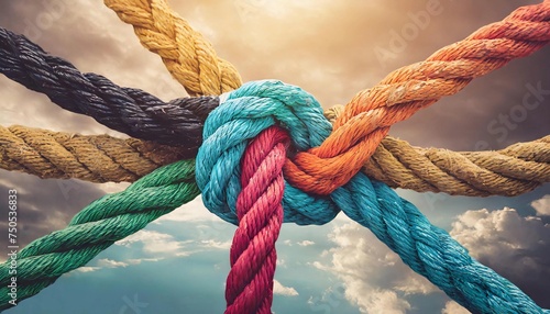 Buiness pulling together, networking, collaboration, ropes with knots, entanglements, untying knots, tight knot, stable knot, colored ropes tied into a knot photo