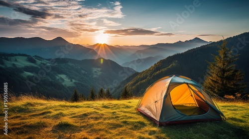 Tent with a view of mountain, camping at mountain, holiday concept.