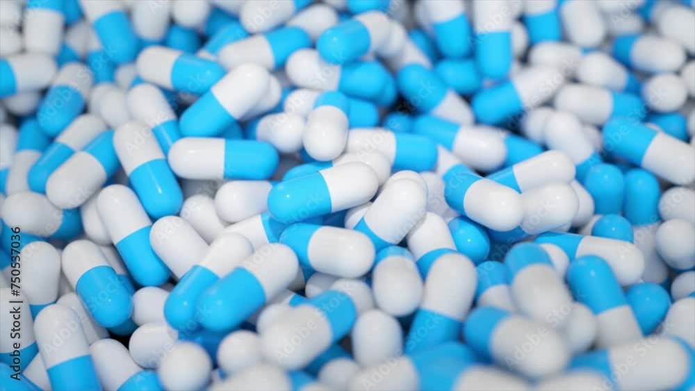 Blue and white capsules in a close-up, 3D animation Blue and white capsules in a close-up, 3D animation