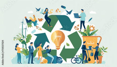 The circular economy symbol is positioned at the center of a modern industrial complex. Sustainability and resource efficiency concept