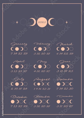 Lunar calendar, lunar monthly cycle planner for 2025 year template. Astrology, astronomical lunar sphere shadow, whole cycle from new to full moon calendar banner, card vector illustration
