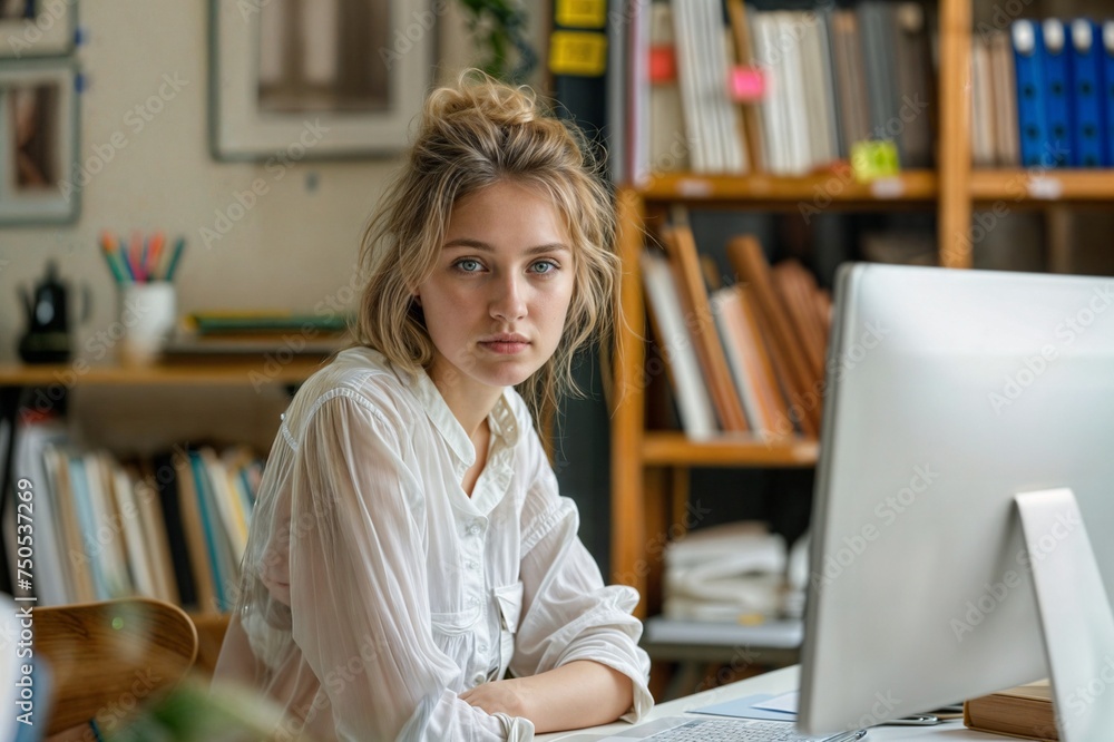 Woman programmer coding at multiple desks in office Woman programmer coding at multiple desks in office