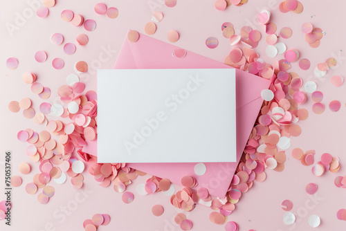 Blank card with pink envelope and scattered confetti on a pastel background. © Anna