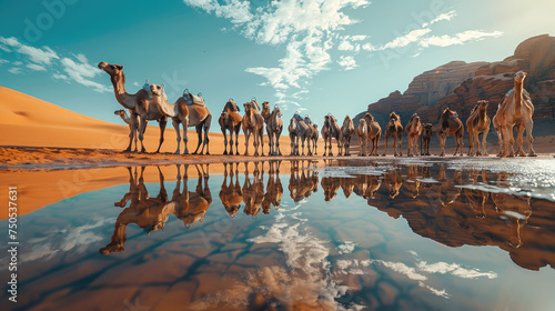 A herd of camels at desert oasis and water reflection. Generative AI.