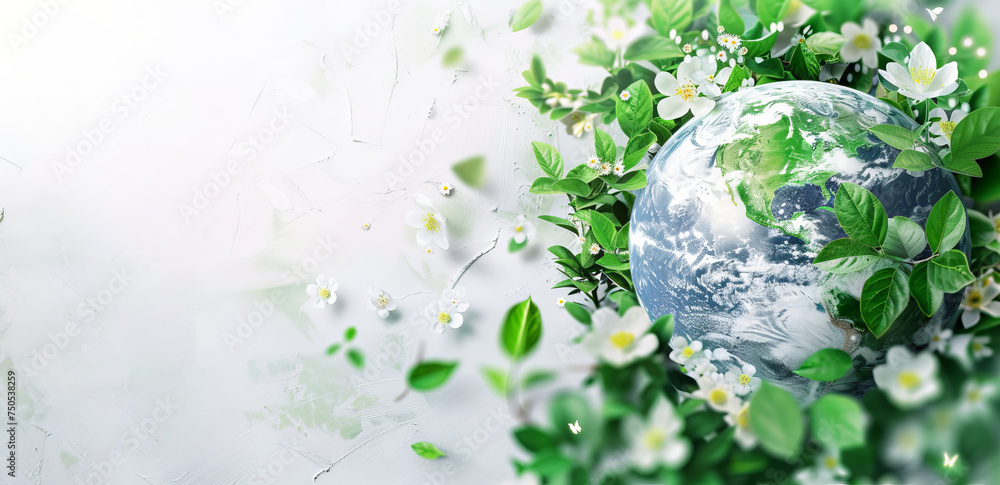 A planet Earth covered with green leaves and flowers. The concept of Earth Day. A planet Earth covered with green leaves and flowers. The concept of Earth Day.