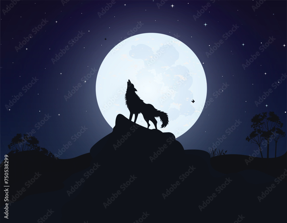 Wolf on Mountain in Moon Night Vector Illustration