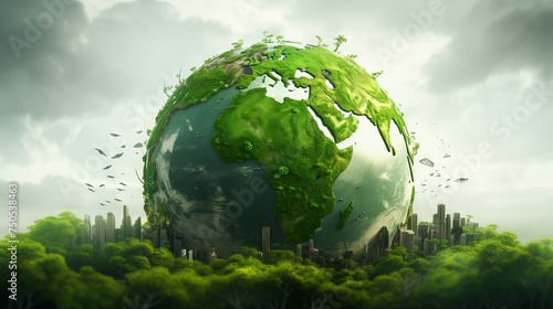 A green planet Earth surrounded by forests and skyscrapers
