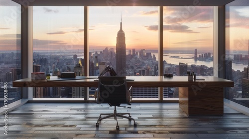 well-organized workspace with a minimalist desk and stylish chair, providing a clear view of the city's vibrant energy