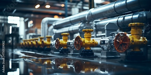 Critical infrastructure of an expansive industrial facility with pipelines and valves. Concept Industrial pipes, Valves, Critical infrastructure, Industrial facility, Pipelines photo