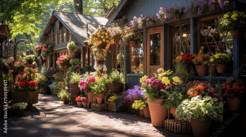 The charming exterior of a flower shop with colorful flower baskets