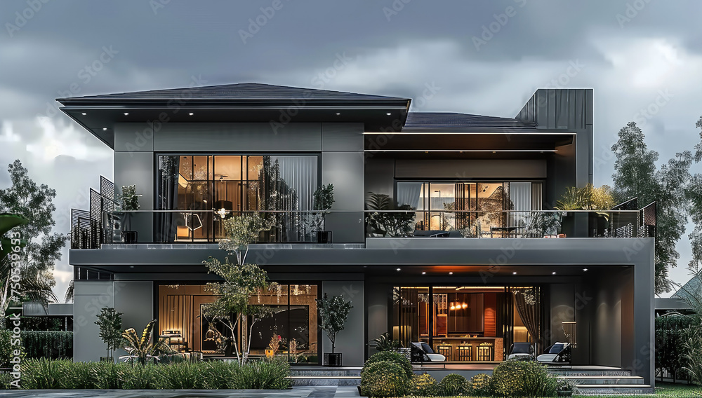 Front view Design a modern gray house with a front balcony and lawn garden decorated in a resort style. Generative AI.