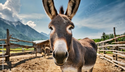 portrait of domestic donkey in the barnyard photo
