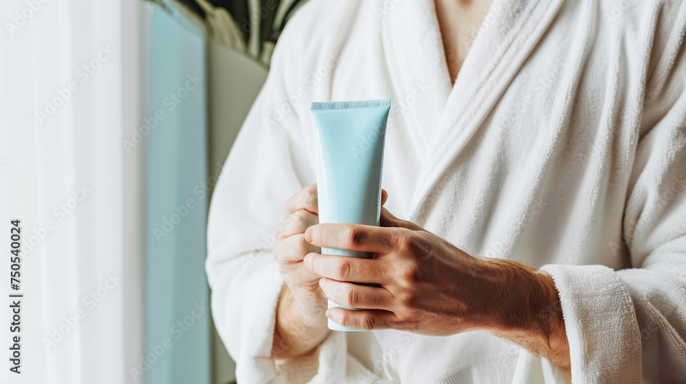 A man in a white coat holds a tube of skin care product, symbolizing daily care. Soft masculinity, daily home self-care, men's cosmetology A man in a white coat holds a tube of skin care product, symbolizing daily care. Soft masculinity, daily home self-care, men's cosmetology