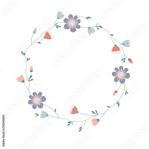 Elegant wavy flower wreath frame. Spring Scandinavian flowers border for Birthday  anniversary  greeting card  baby shower celebration